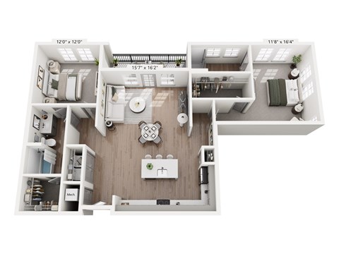 Floor plan for 2 beds, 2 baths, 1335 sqft